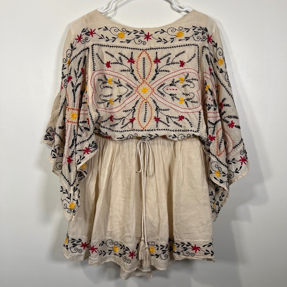 Free People Womens Embroidered Butterfly Sleeve Boho Mini Dress Cream OS